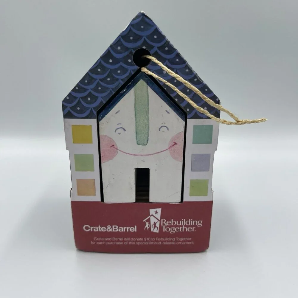 2013 Crate & Barrel Jen Corace Wooden House Christmas Ornament Hearts & Home